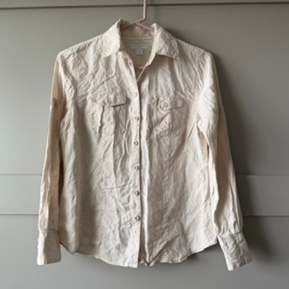 Charter Club Shirt Womens 4P Petite 100% Linen Beige Button Up Roll Tab